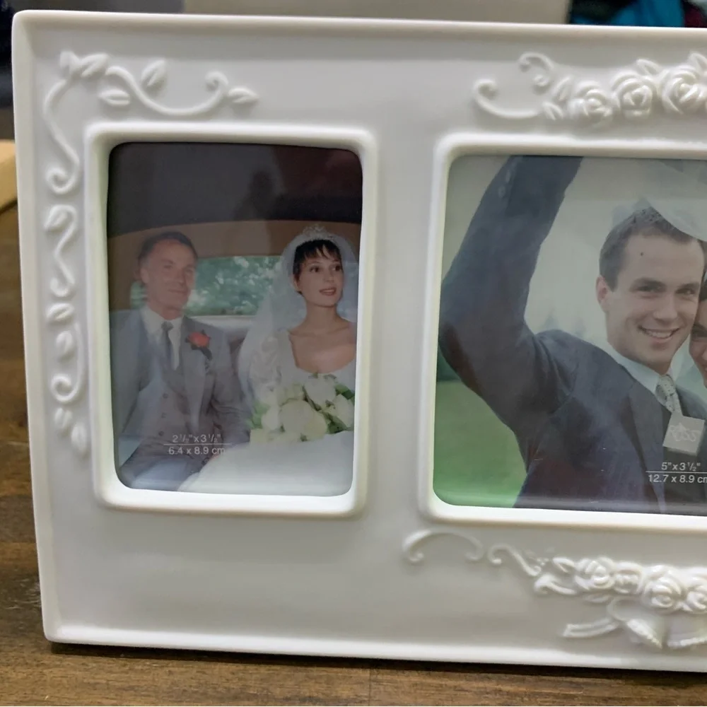 Russ “White Lace and Promises” white roses porcelain photo frame wedding gift